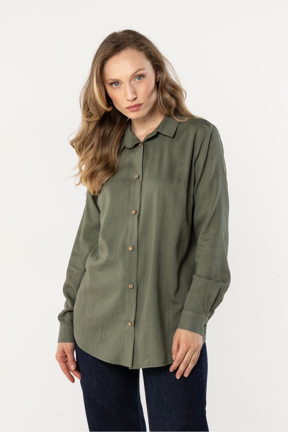 Awama Khaki Linen Long Sleeve Top