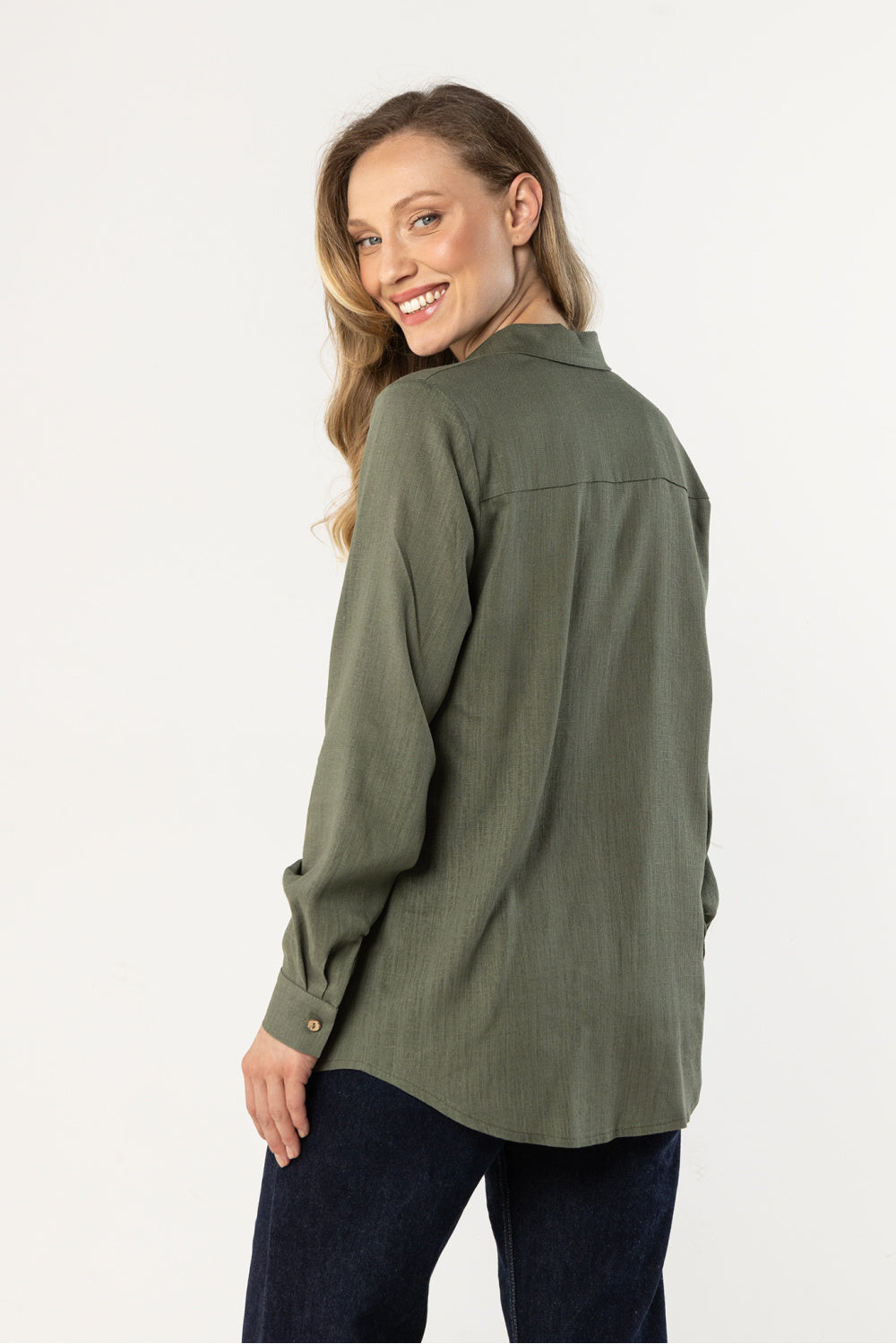 Awama Khaki Linen Long Sleeve Top - view 3