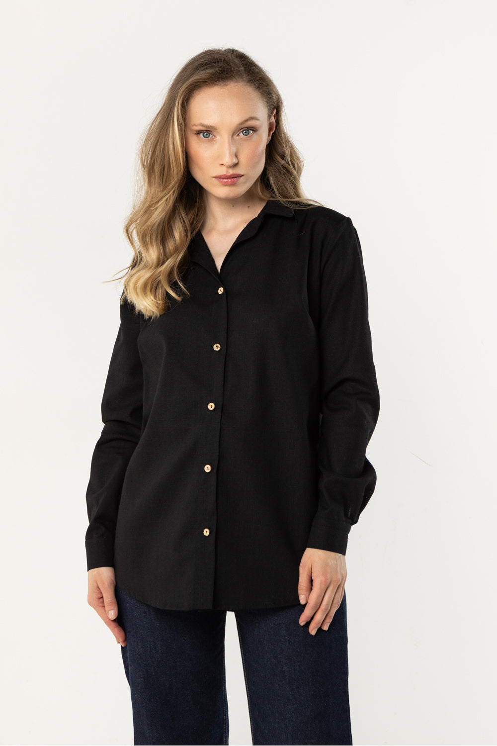 Awama Black Linen Long Sleeve Top