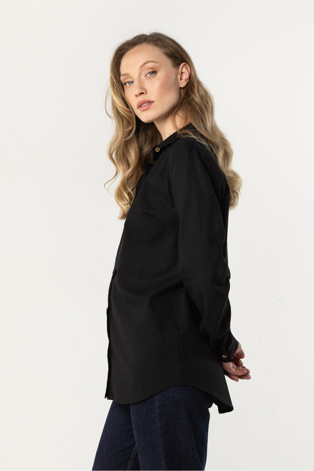 Awama Black Linen Long Sleeve Top - view 2