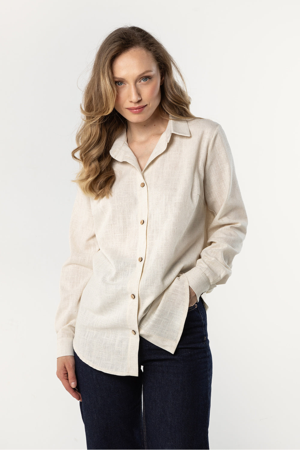 Awama Beige Linen Long Sleeve Top