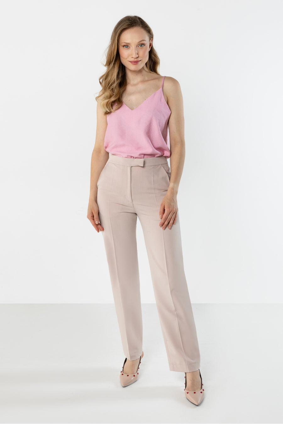 Awama Beige Straight High Waisted Trousers