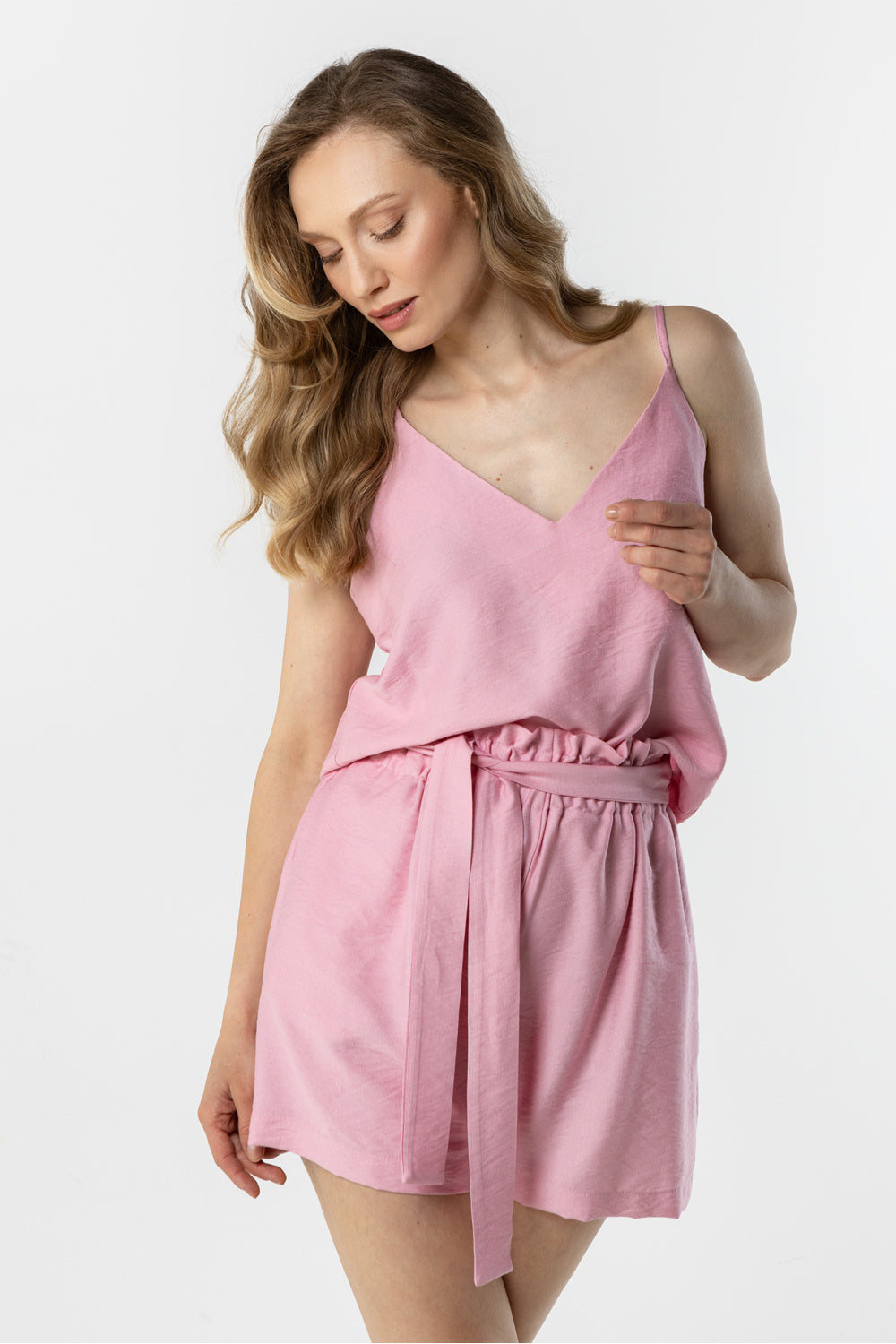 Awama Pink Satin V-Neck Cami Top