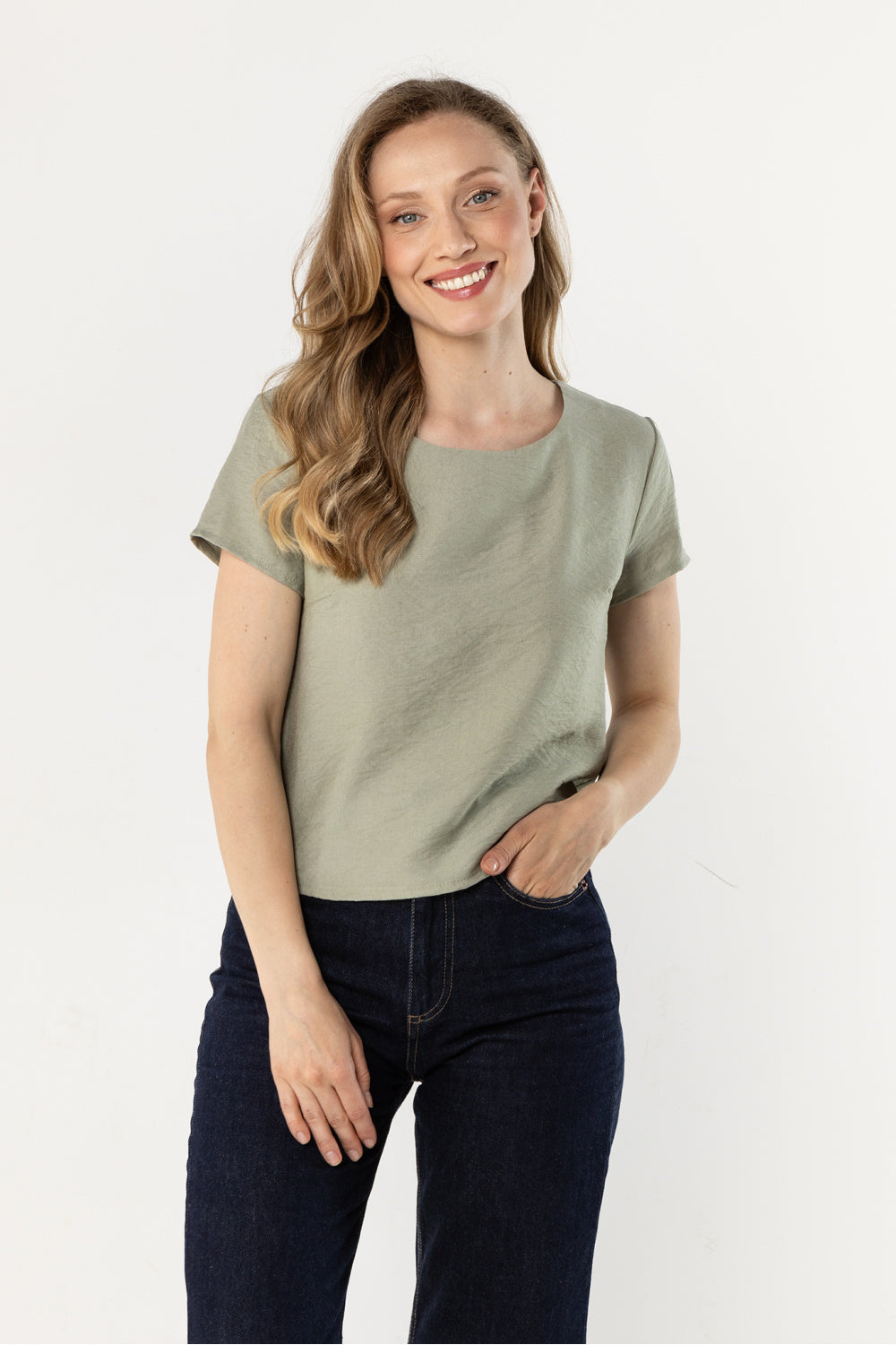 Awama Sage Satin Short Sleeve Blouse
