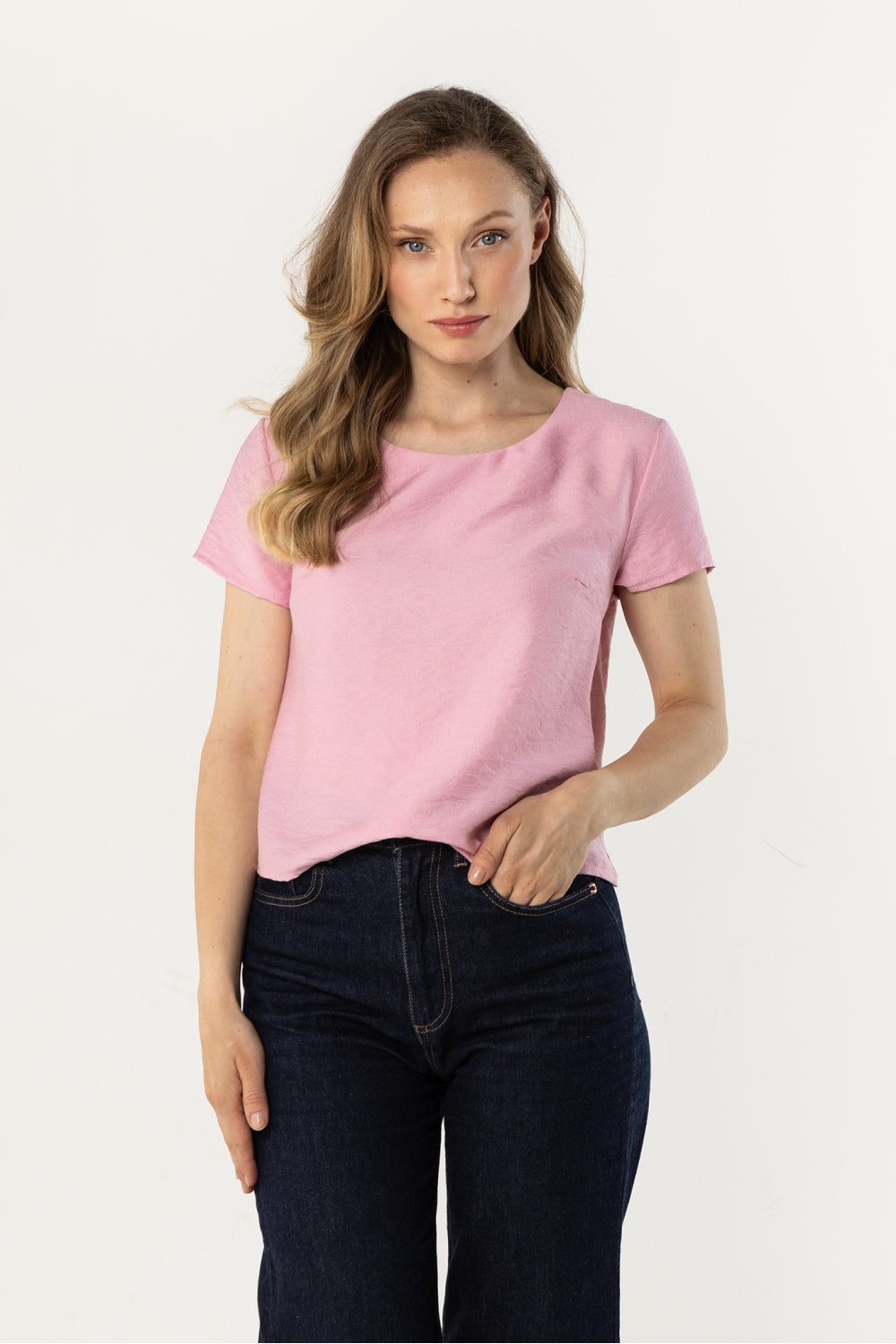 Awama Pink Satin Short Sleeve Blouse