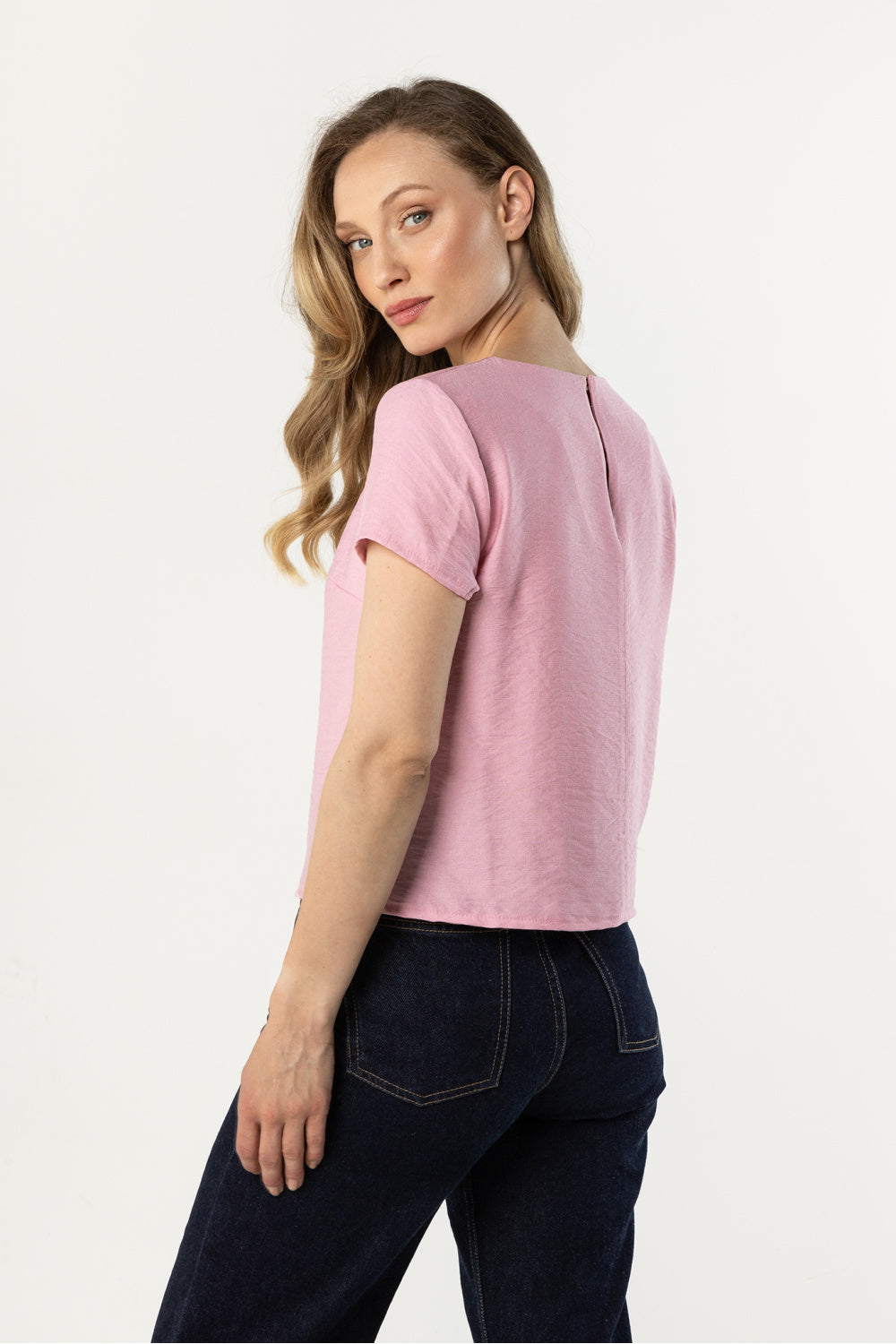 Awama Pink Satin Short Sleeve Blouse - view 3