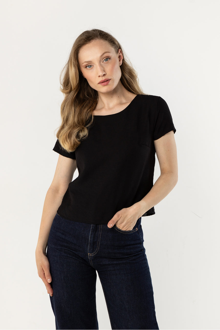 Awama Black Satin Short Sleeve Blouse