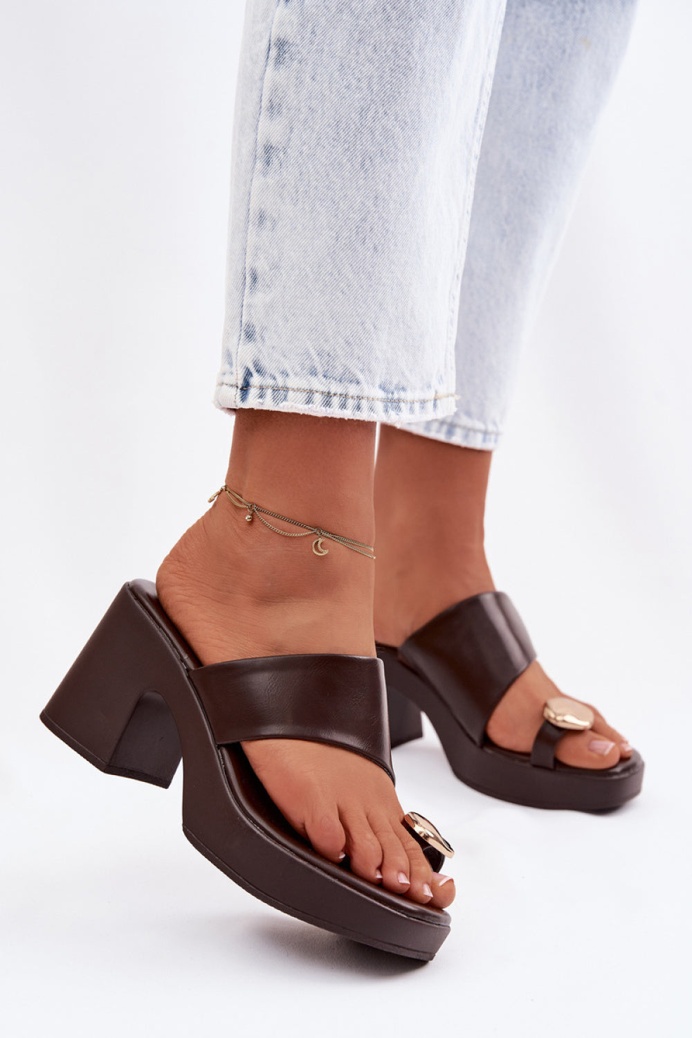 Step In Style Sinora Chocolate Faux Leather Block Heel Heeled Sandals