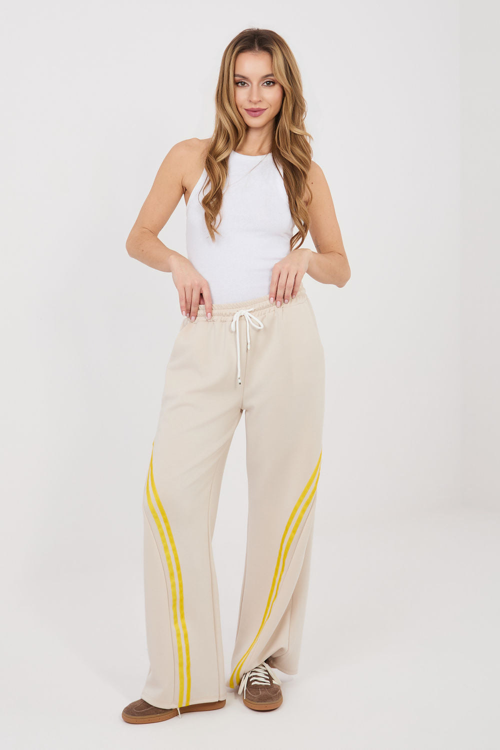Rue Paris Beige Striped High Waisted Joggers