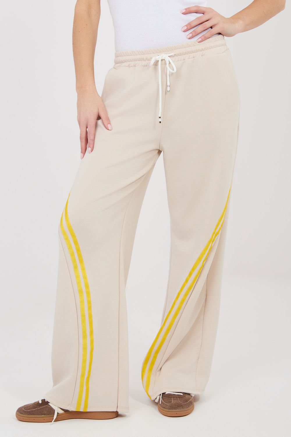 Rue Paris Beige Striped High Waisted Joggers - view 2