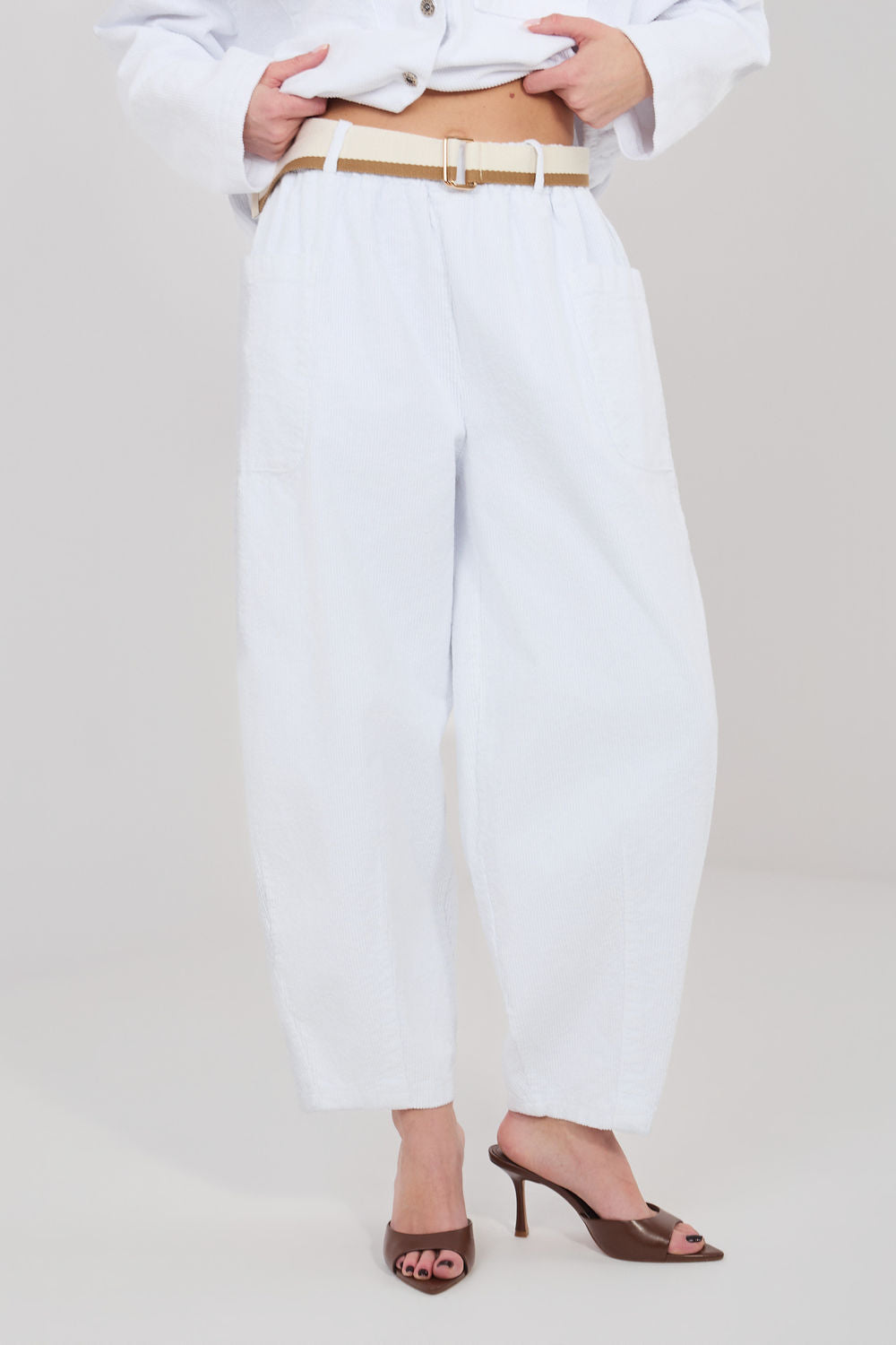 Rue Paris White High Waisted Cotton Corduroy Trousers