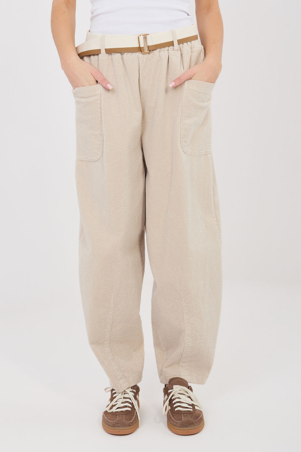 Rue Paris Light Beige High Waisted Cotton Corduroy Trousers - view 4