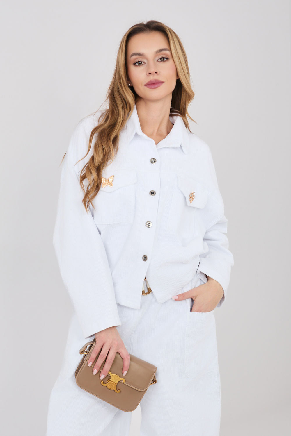 Rue Paris White Long Sleeve Cotton Corduroy Jacket