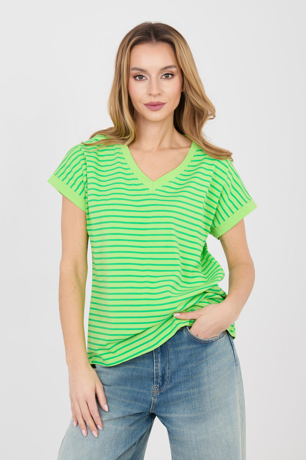 Relevance Light Green Striped V-Neck T-Shirt