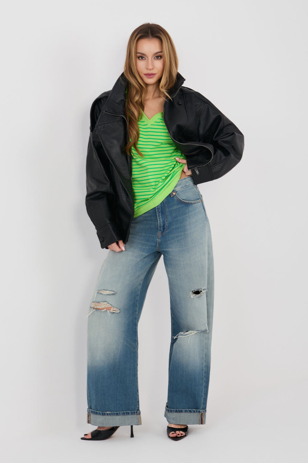 Relevance Light Green Striped V-Neck T-Shirt - view 2