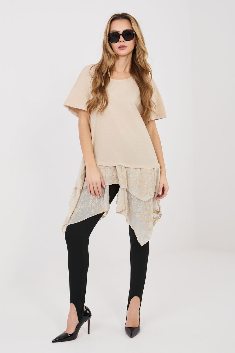 Italy Moda Beige Bodycon Short Sleeve Blouse