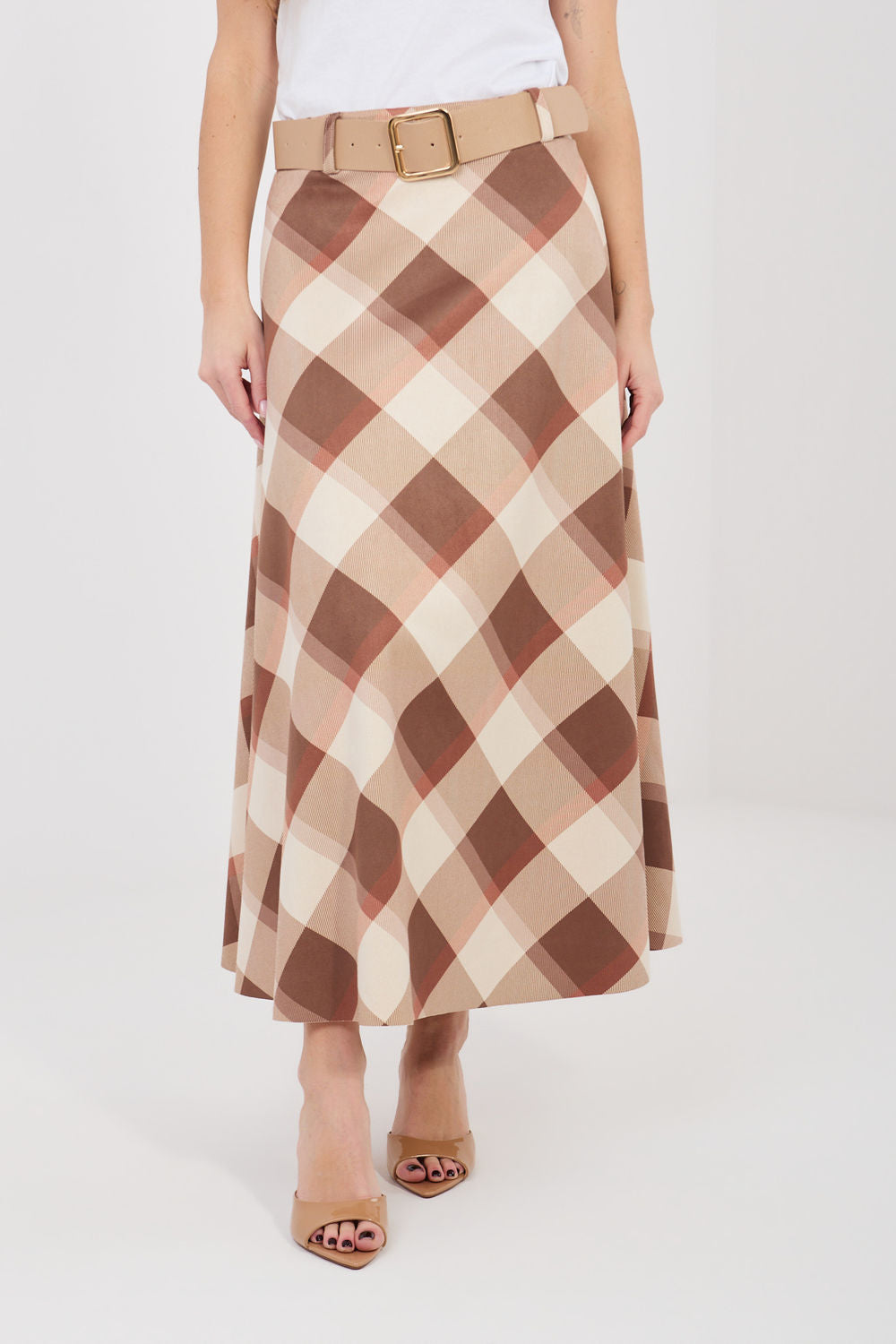 Italy Moda Brown Polyester Flared Maxi Skirt