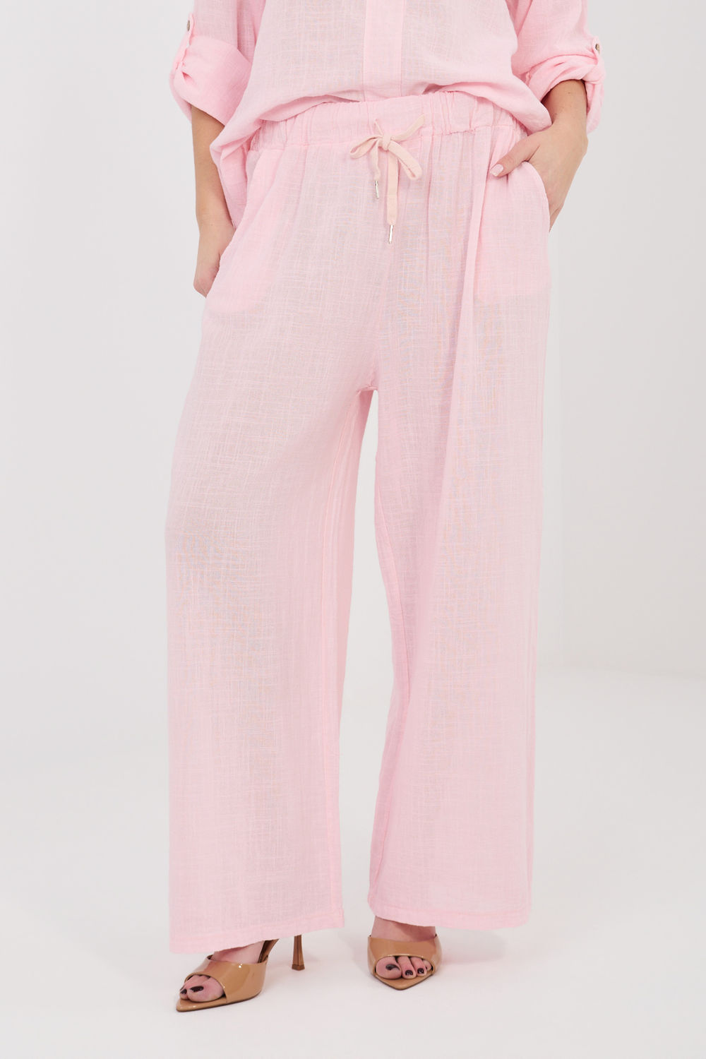 Italy Moda Light Pink Wide Leg High Waisted Trousers
