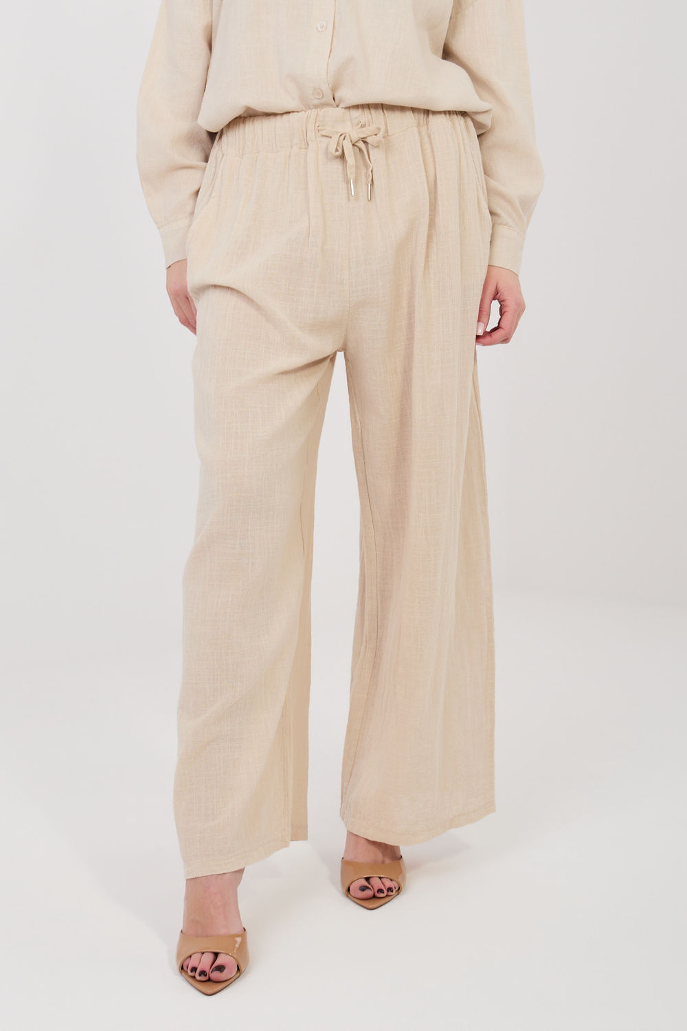 Italy Moda Beige Wide Leg High Waisted Trousers