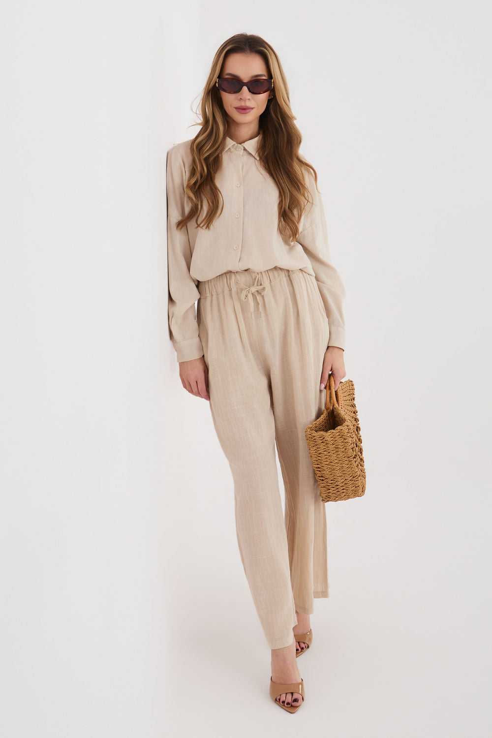 Italy Moda Beige Wide Leg High Waisted Trousers - view 2