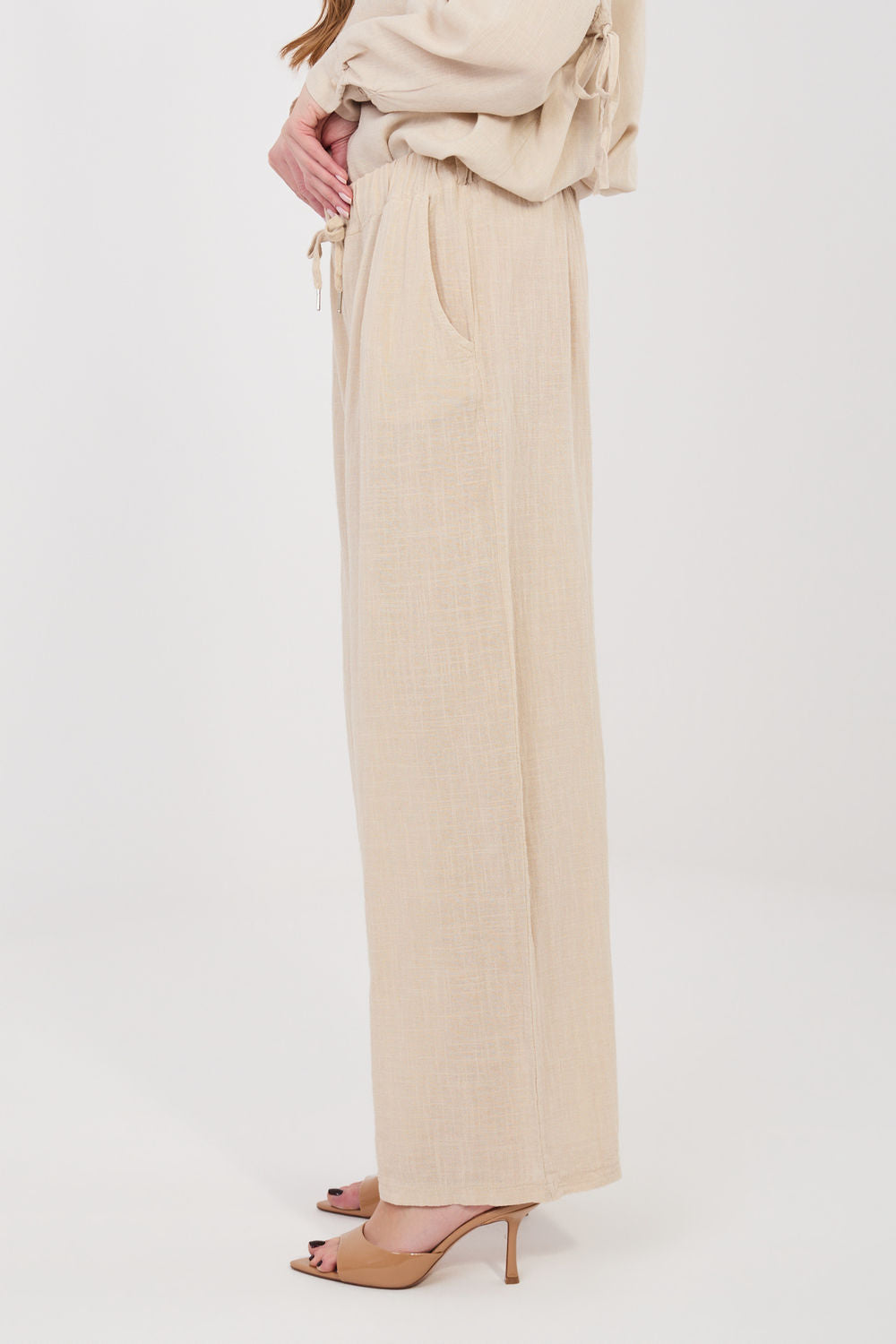 Italy Moda Beige Wide Leg High Waisted Trousers - view 3