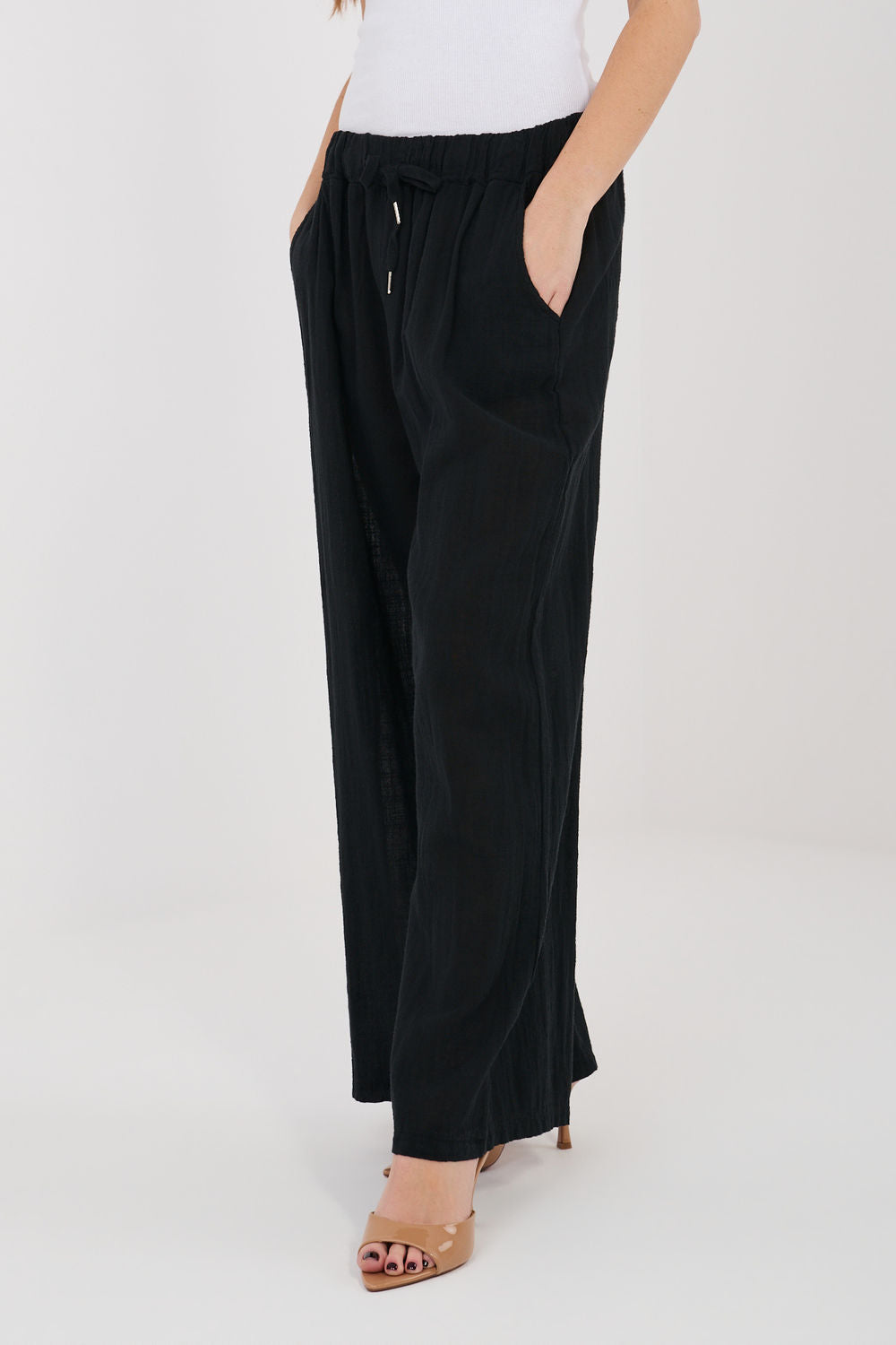 Italy Moda Black Wide Leg High Waisted Cotton Trousers