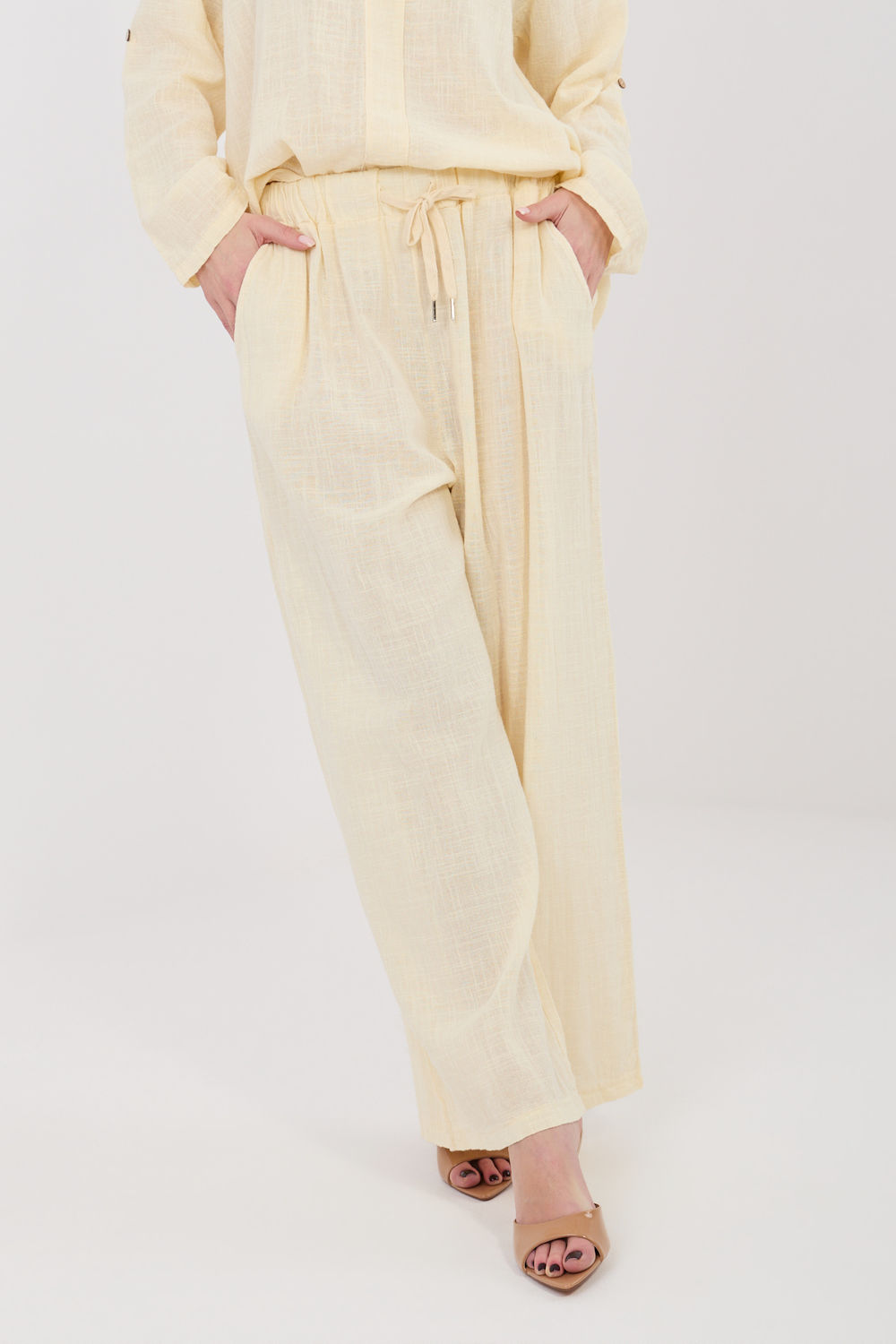 Italy Moda Light Yellow Wide Leg High Waisted Cotton Trousers