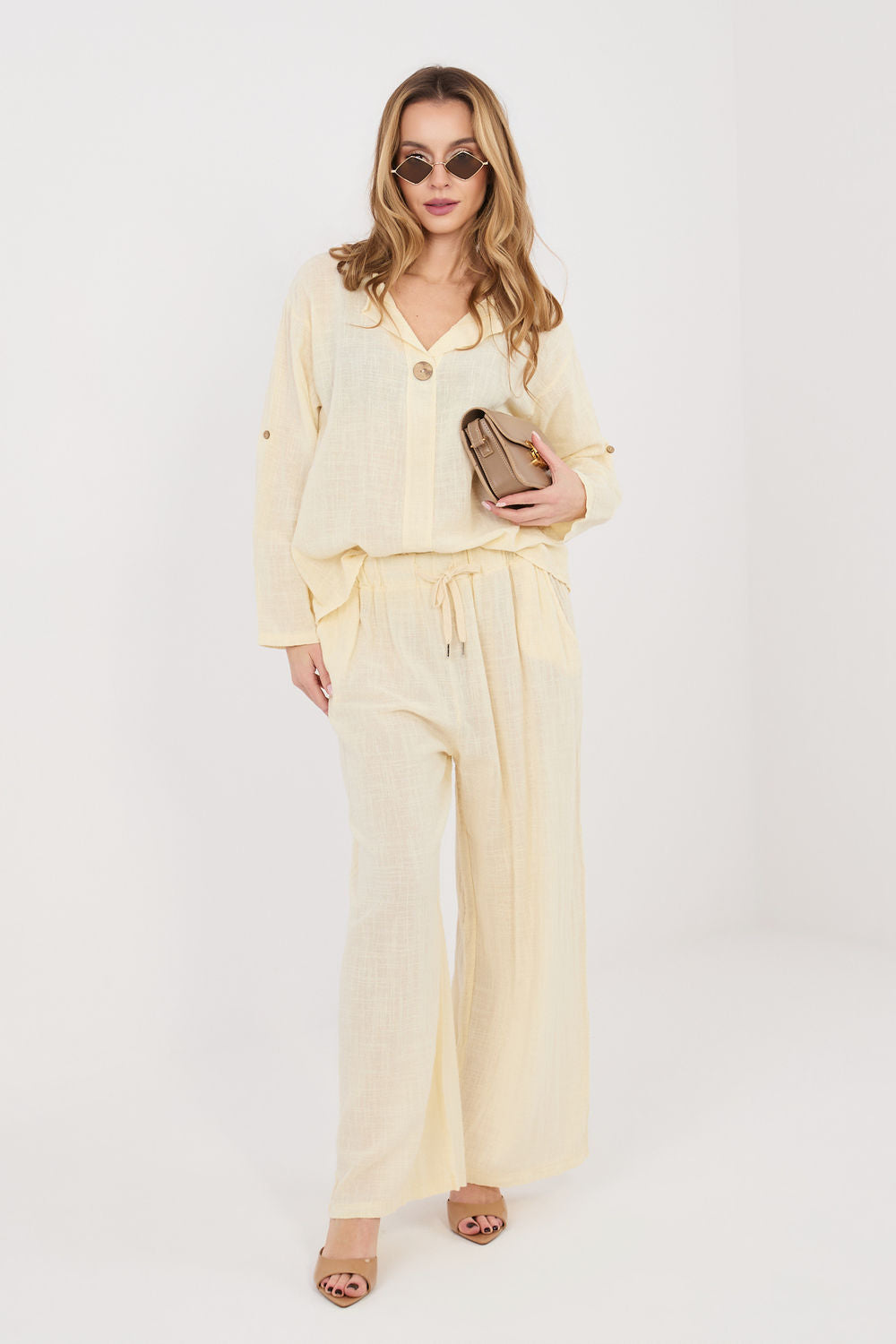 Italy Moda Light Yellow Wide Leg High Waisted Cotton Trousers - view 2