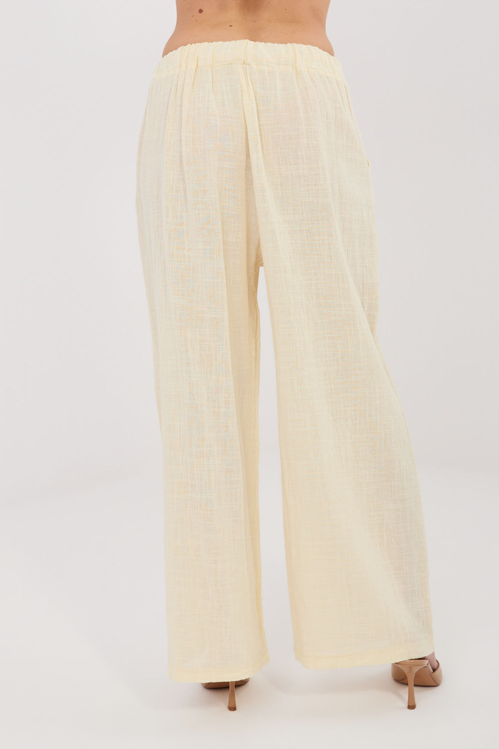 Italy Moda Light Yellow Wide Leg High Waisted Cotton Trousers - view 3