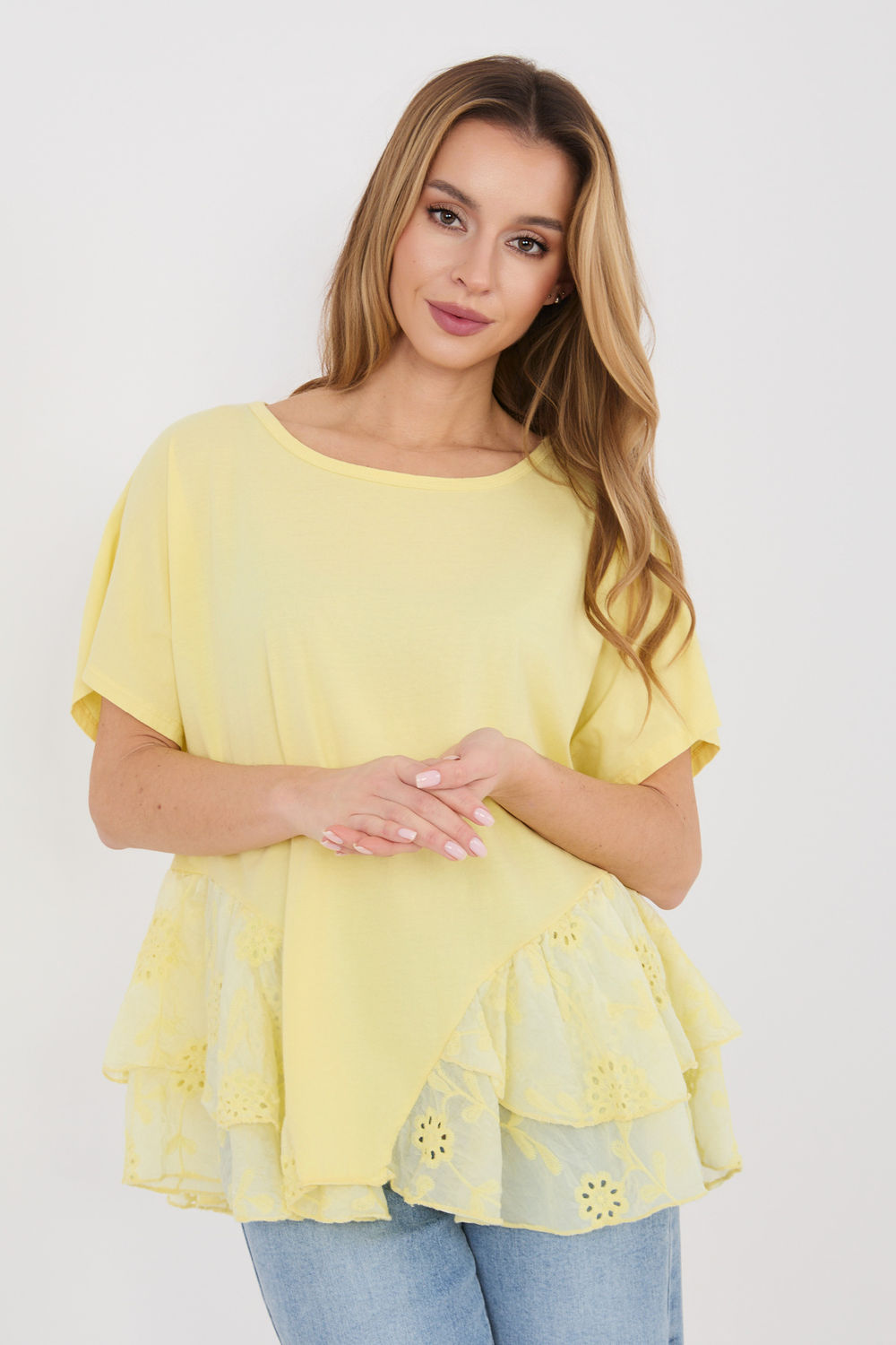 Italy Moda Light Yellow Short Sleeve Cotton Blouse