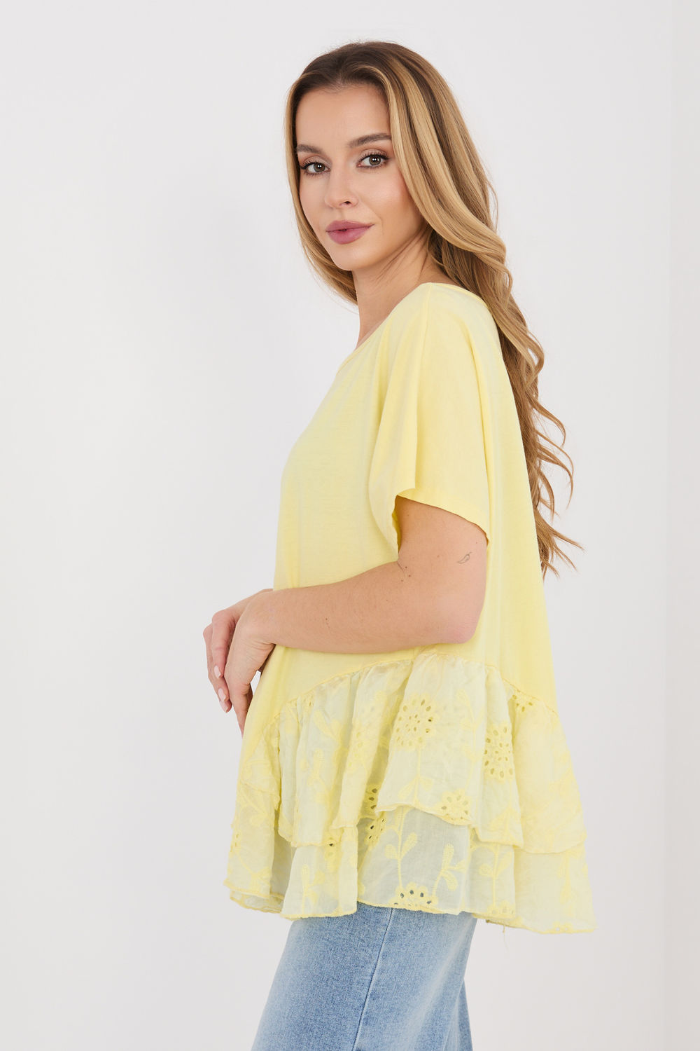 Italy Moda Light Yellow Short Sleeve Cotton Blouse - view 3