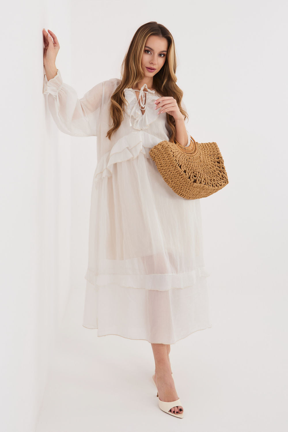 Italy Moda Light Beige Midi Puff Sleeve Dress - view 2