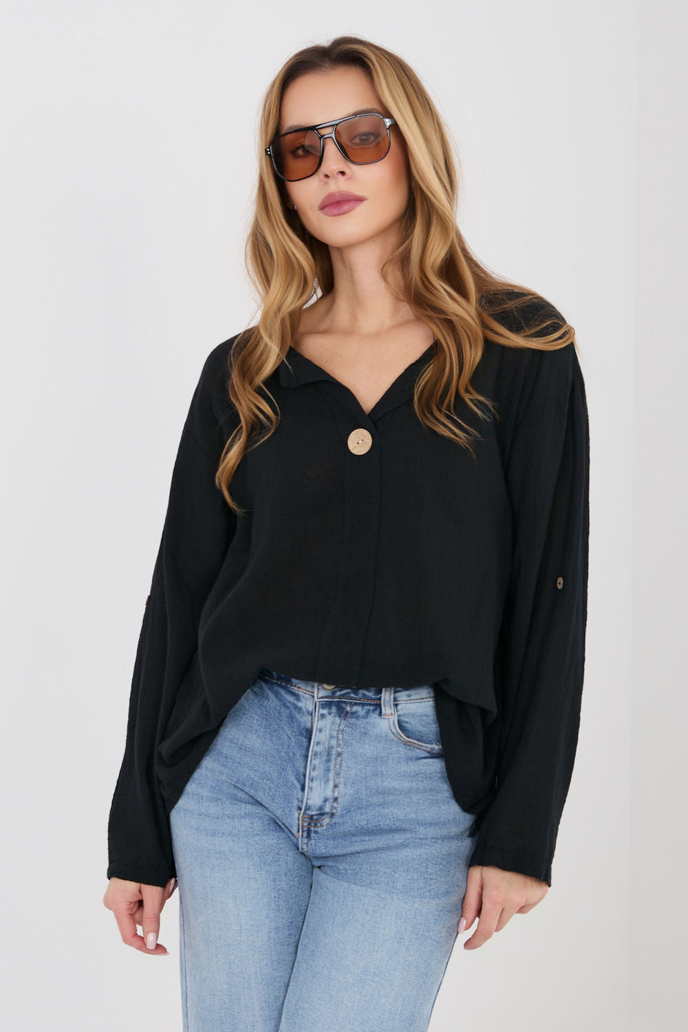 Italy Moda Black V-Neck Long Sleeve Blouse