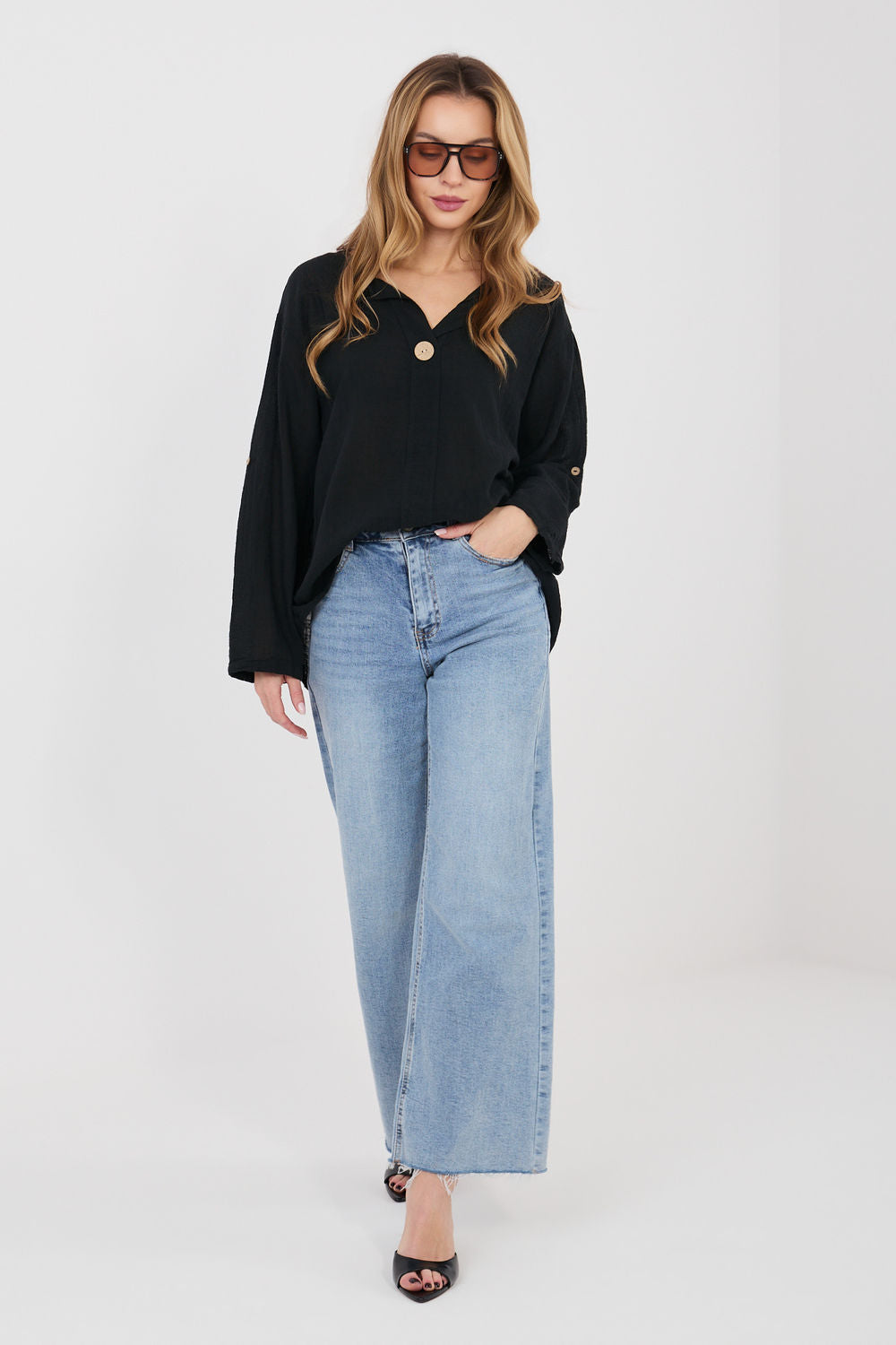 Italy Moda Black V-Neck Long Sleeve Blouse - view 2