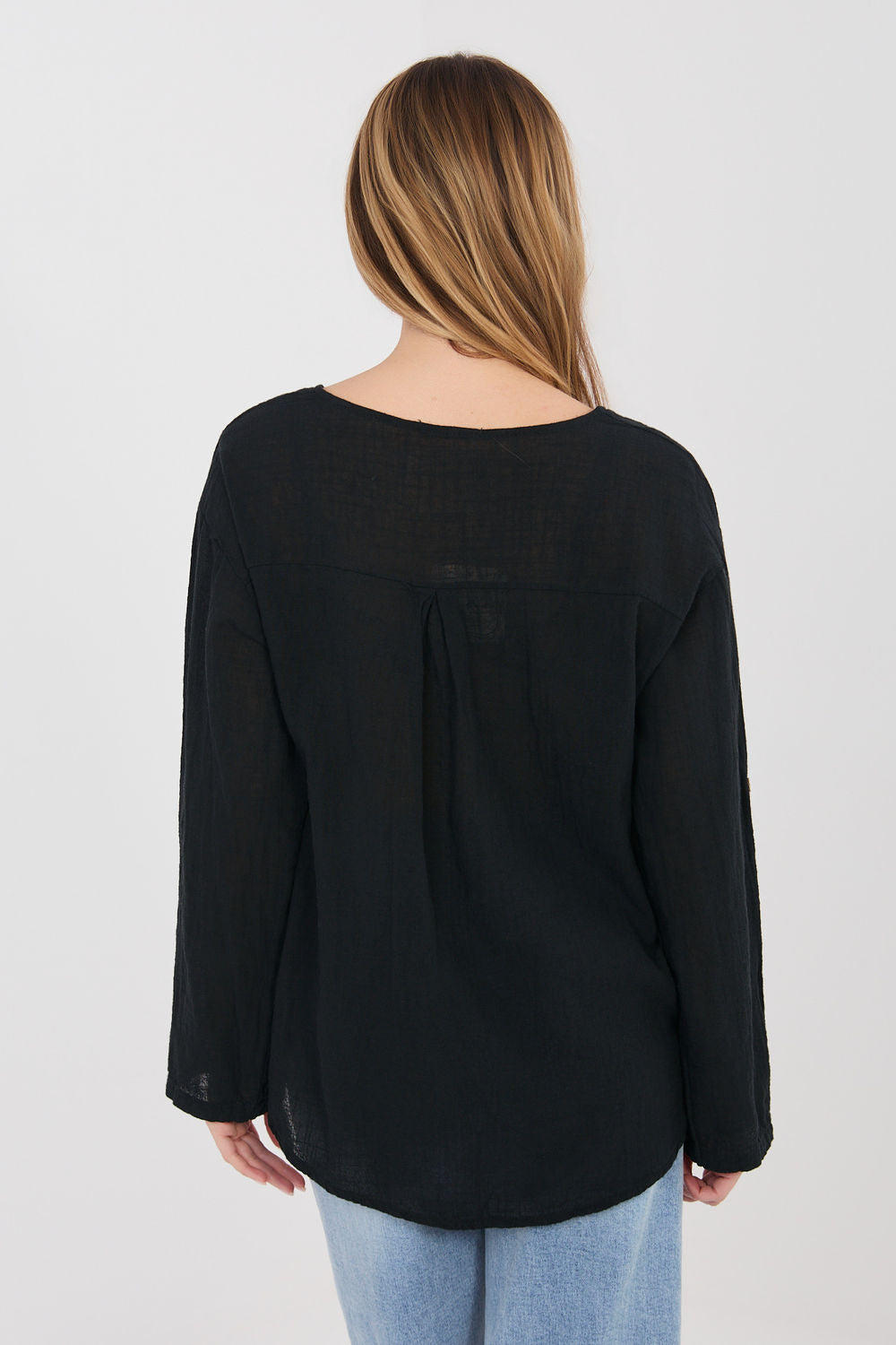 Italy Moda Black V-Neck Long Sleeve Blouse - view 3