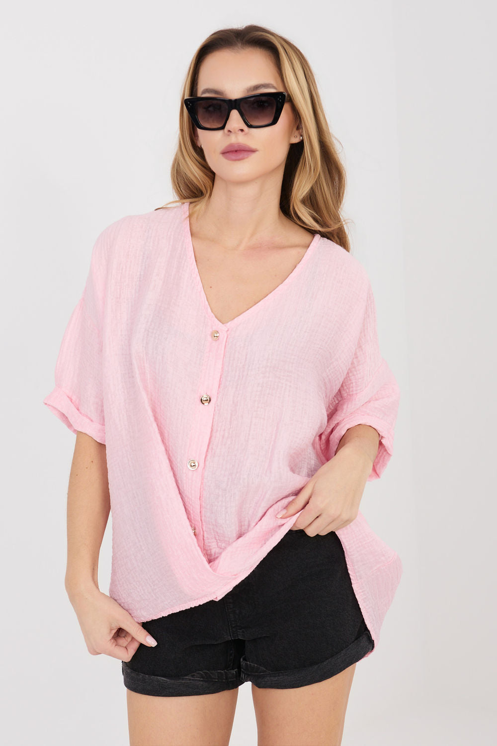 Italy Moda Light Pink V-Neck Short Sleeve Top