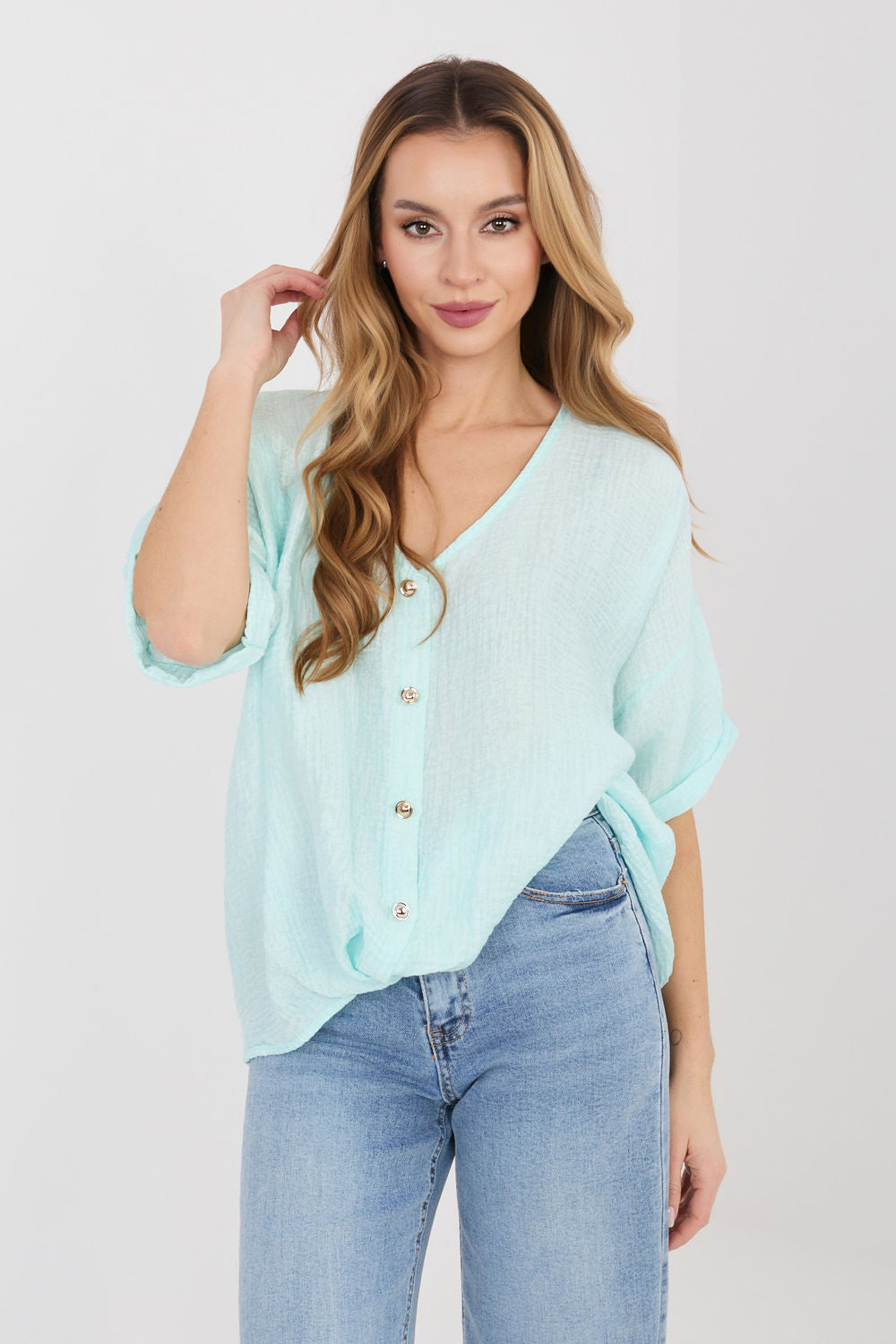 Italy Moda Mint V-Neck Short Sleeve Top