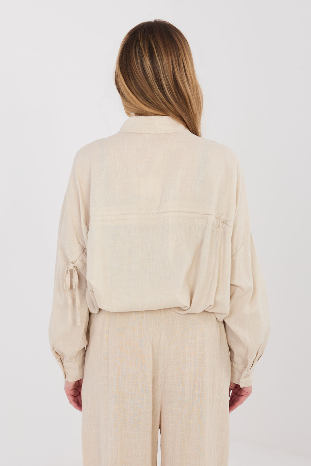 Italy Moda Beige Linen Cotton Long Sleeve Top - view 3