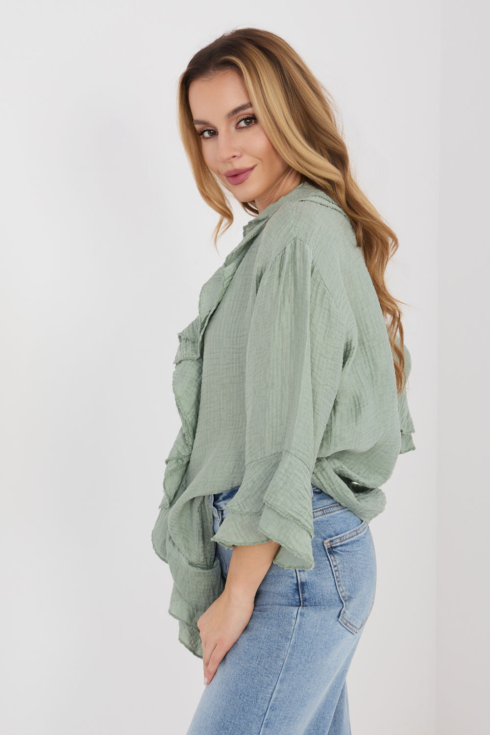 Italy Moda Khaki V-Neck Long Sleeve Top - view 2