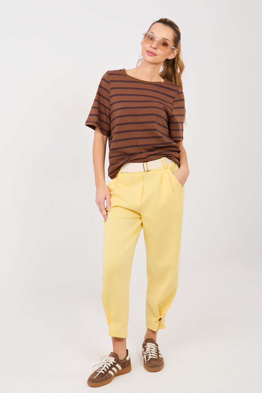 Italy Moda Light Yellow Viscose High Waisted Cotton Joggers