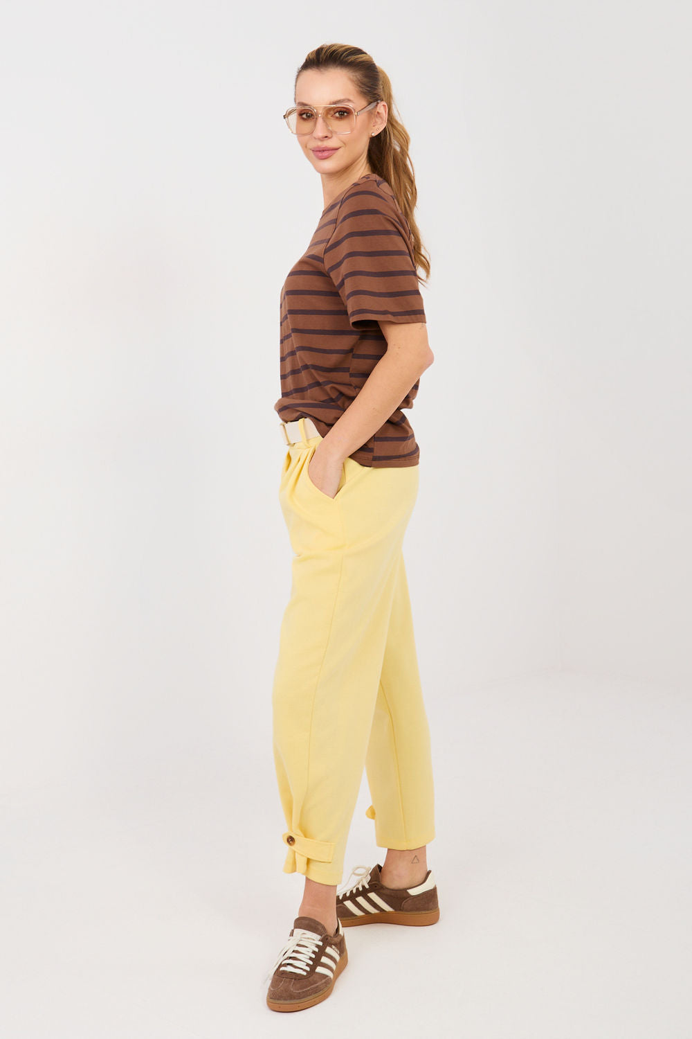 Italy Moda Light Yellow Viscose High Waisted Cotton Joggers - view 2