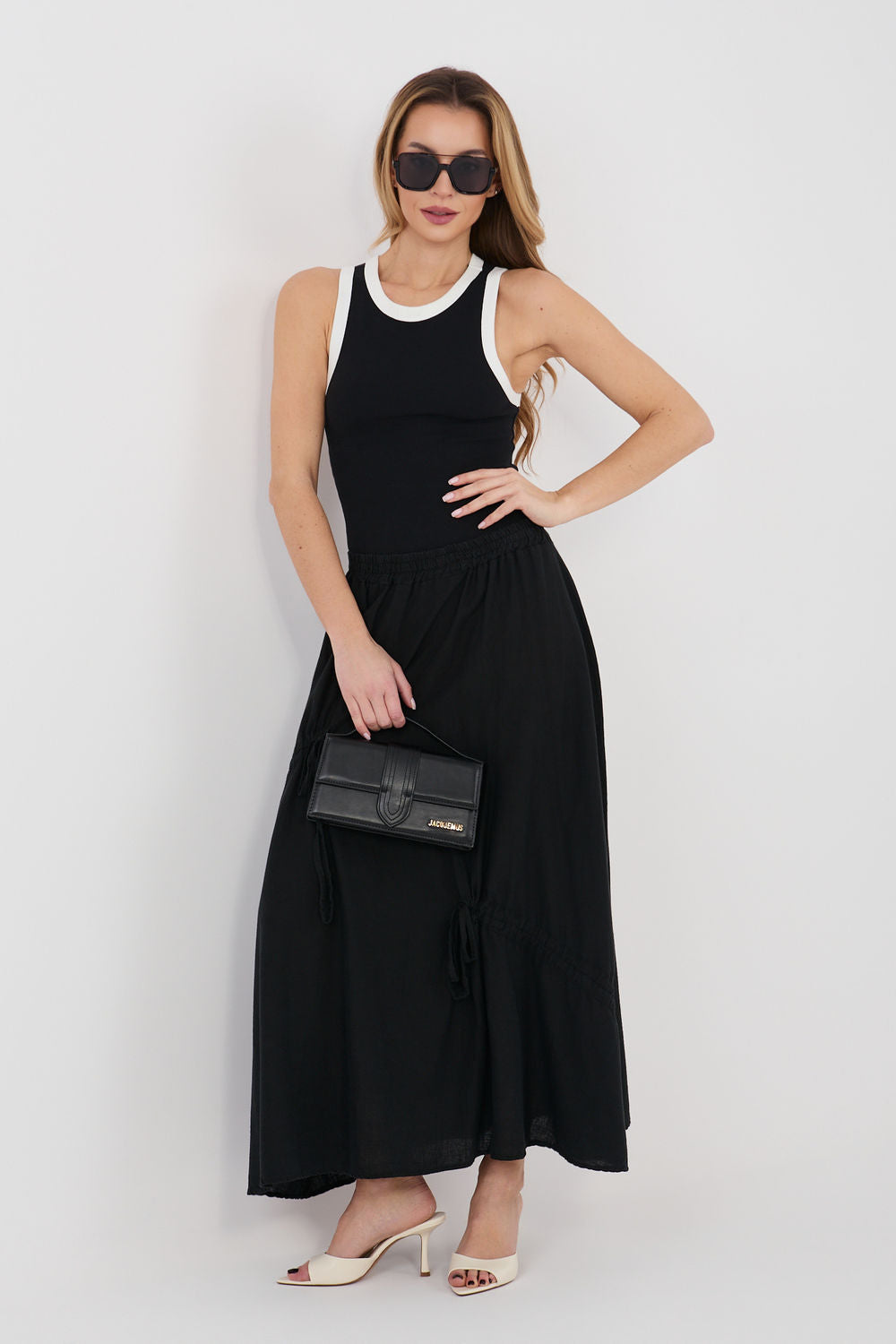 Italy Moda Black Linen Cotton Maxi Skirt