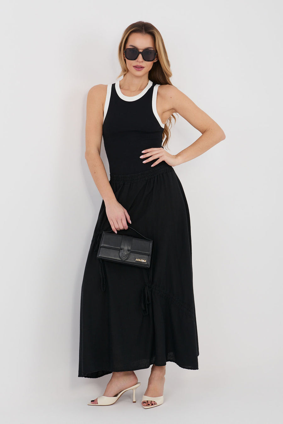 Italy Moda Black Linen Cotton Maxi Skirt
