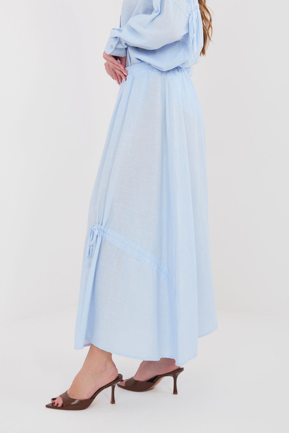 Italy Moda Light Blue Linen Cotton Maxi Skirt - view 2