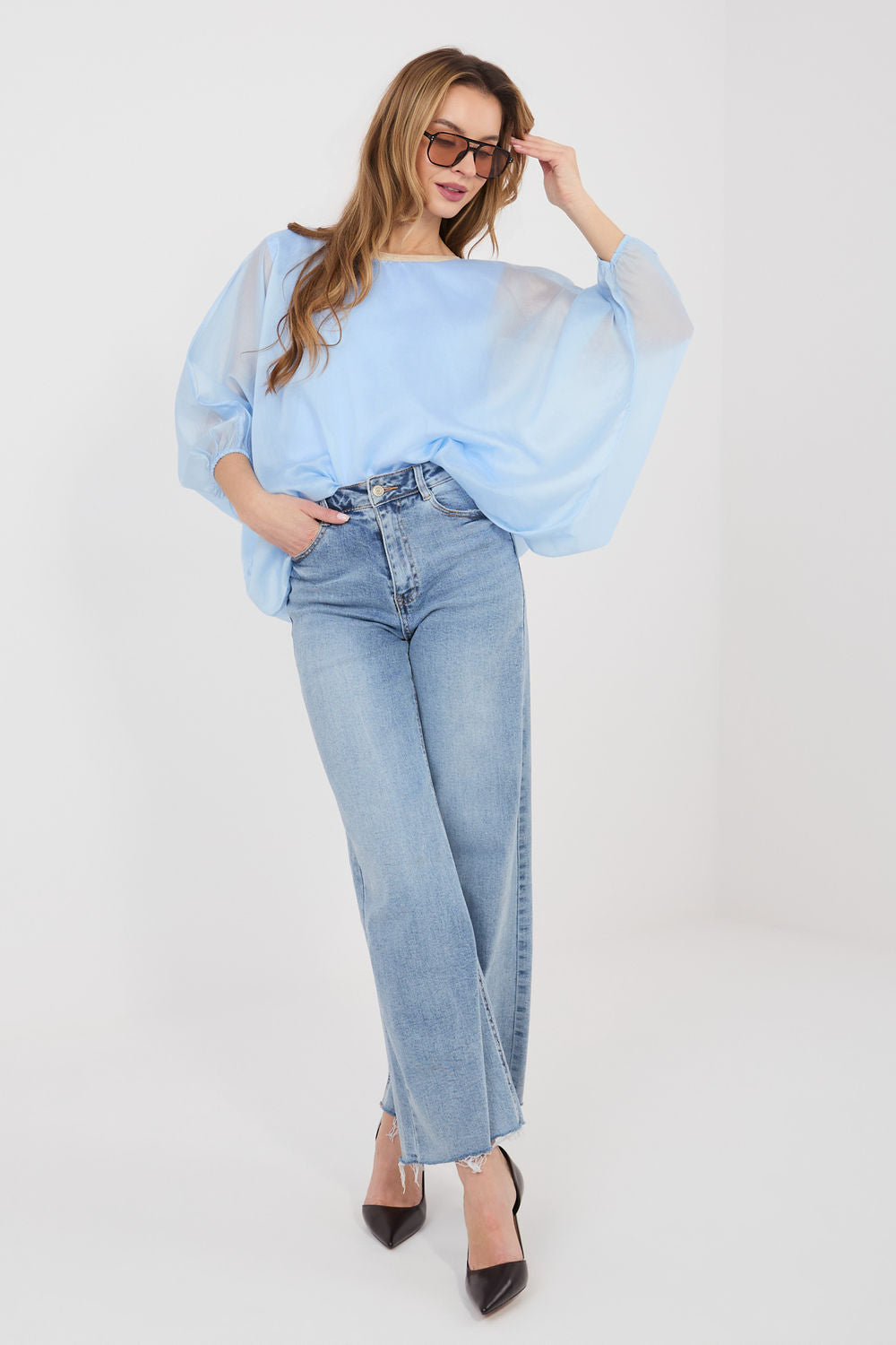 Italy Moda Light Blue Round Neck Blouse