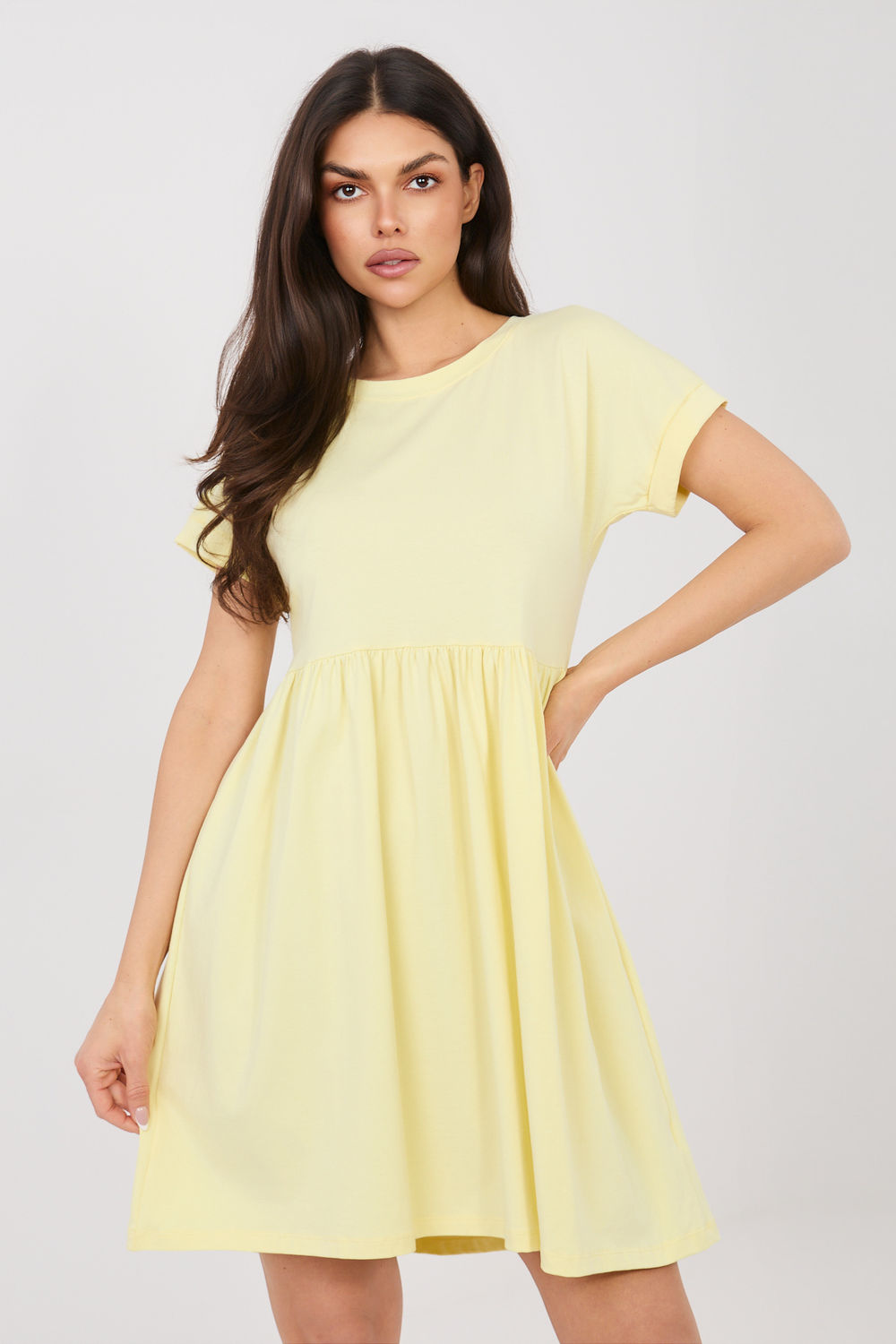 Rue Paris Light Yellow Flared Short Sleeve Dress