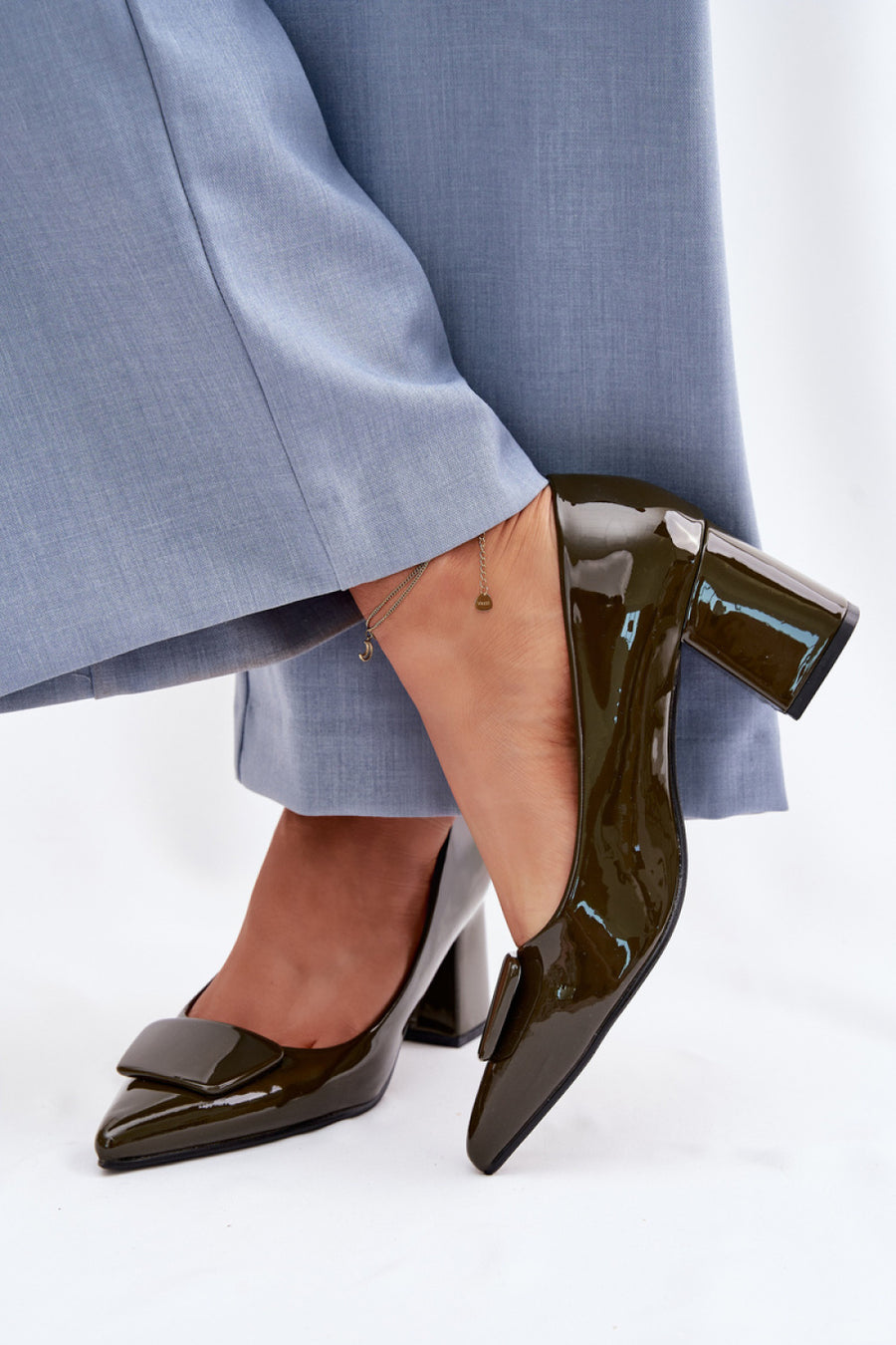 Step In Style Isoline Dark Green Faux Leather Block Heel Court Shoes