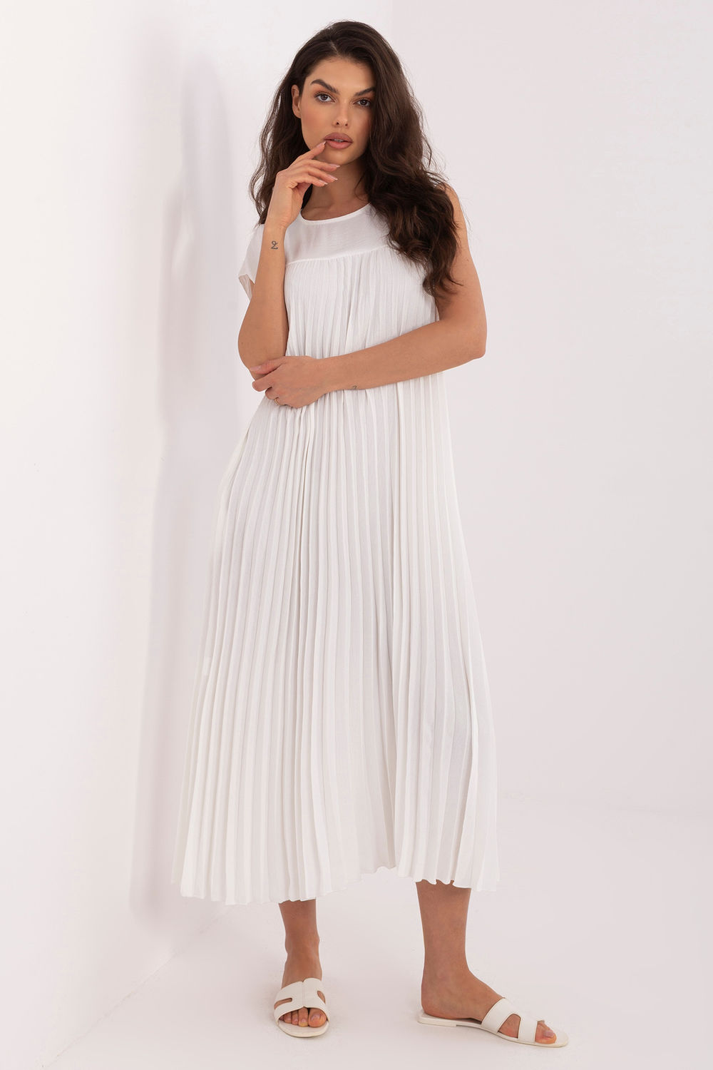 Rue Paris Ecru Midi Pleated Dress
