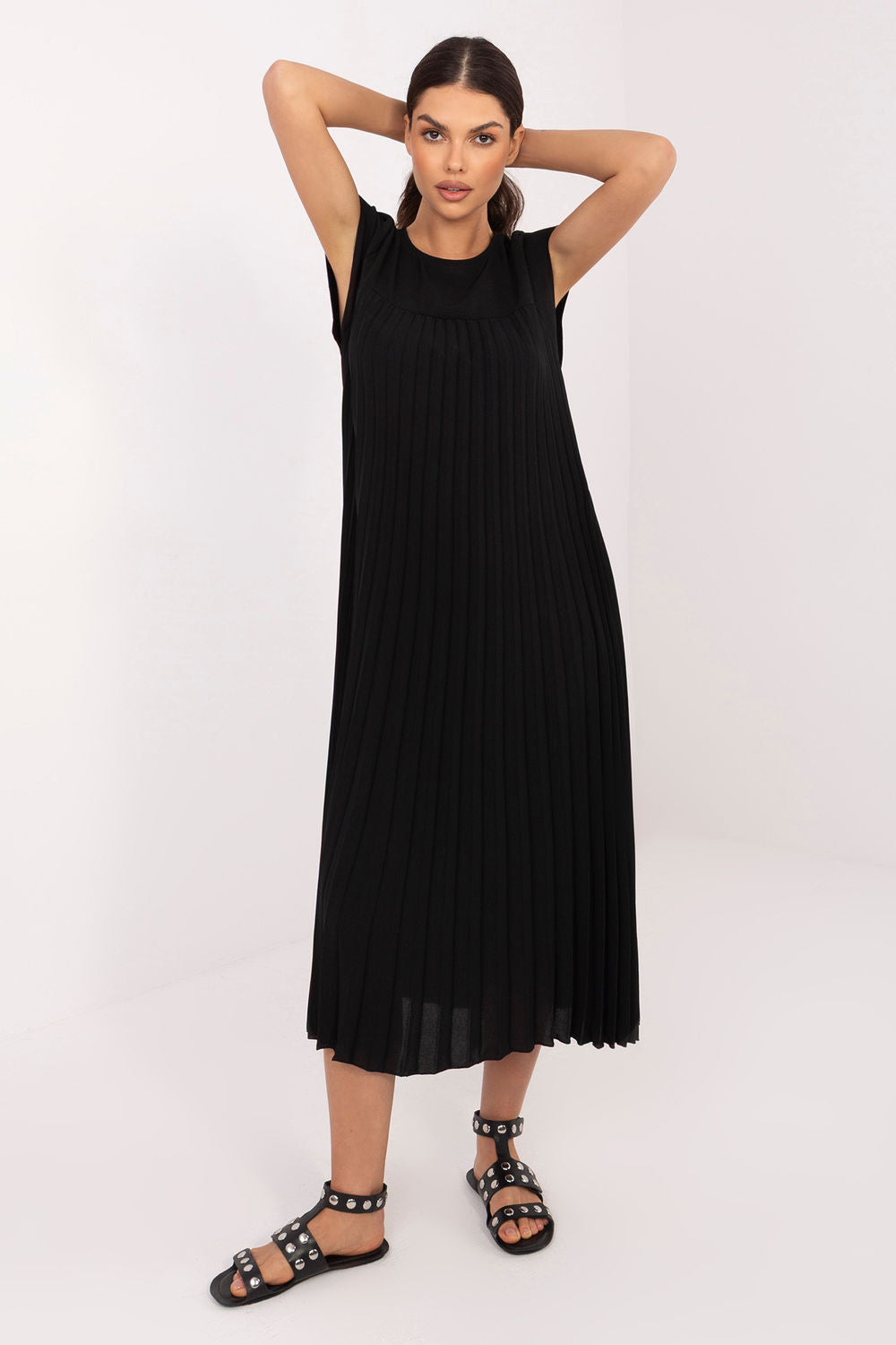Rue Paris Black Midi Pleated Dress