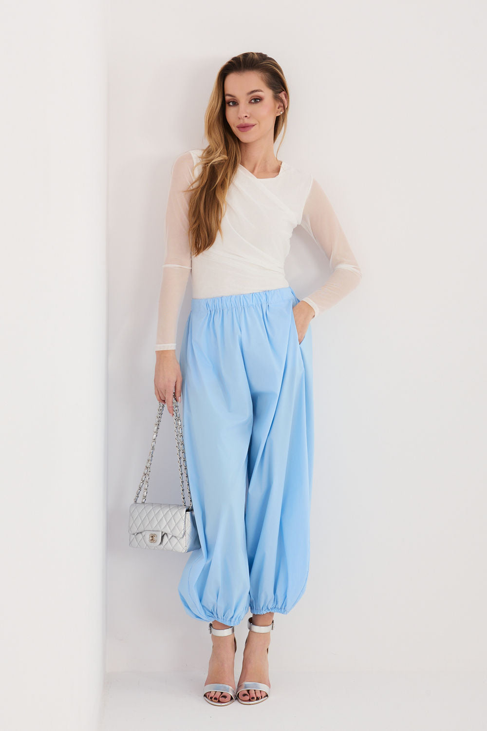 Rue Paris Light Blue High Waisted Cotton Trousers - view 3